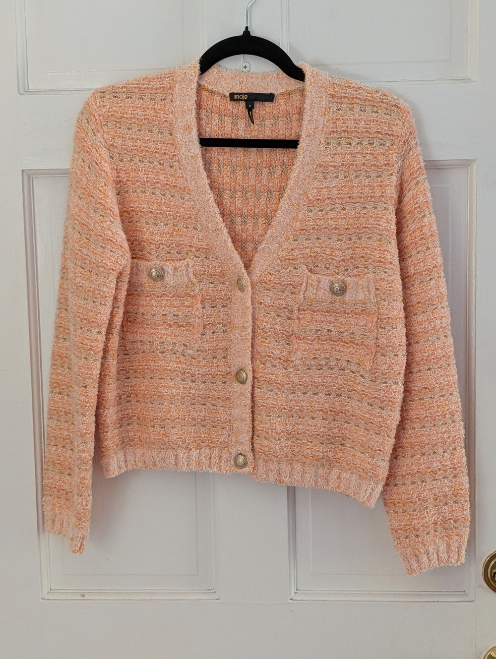 Maje Paris Textured Tweed Cardigan Jacket Peach Gold Button Cropped 2 - Picture 2 of 6